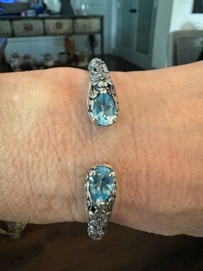 John Hardy Silver Floral Cuff Bracelet with Blue Stones